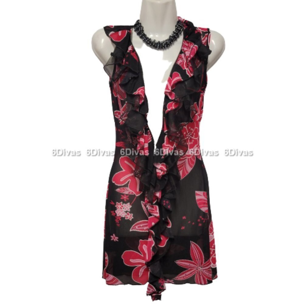 Sheer See Through Red and Black Ruffle Frilly Sleeveless Mini Dress - Picture 3 of 14